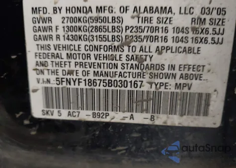 2005 Honda Pilot Ex-L z USA, uszkodzony, nr VIN 5FNYF18675B030167